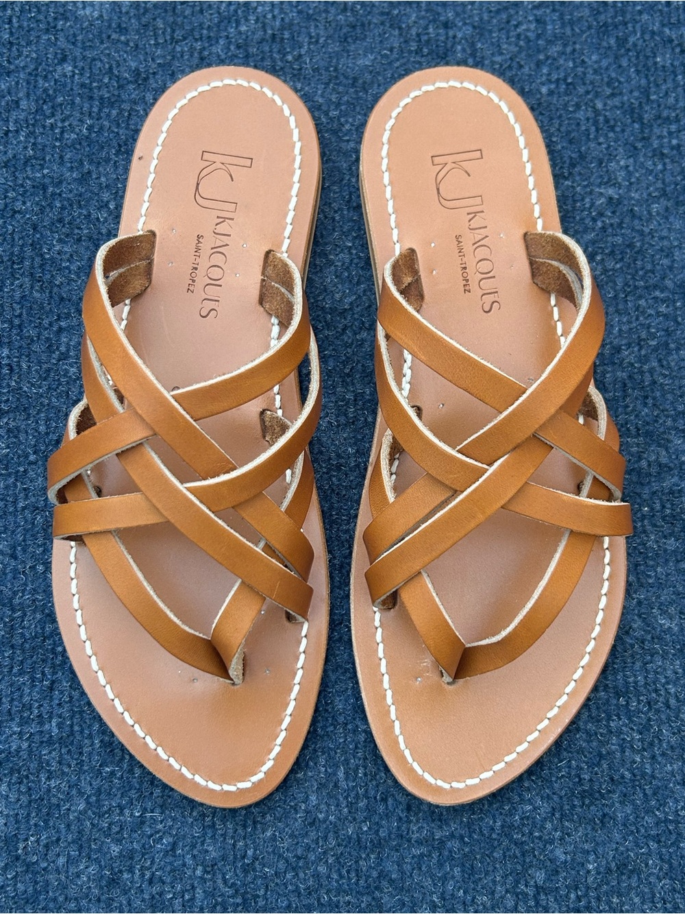 K Jacques St Tropez Tan Leather Strappy Flat Sandals EU 39 US 7.5-8